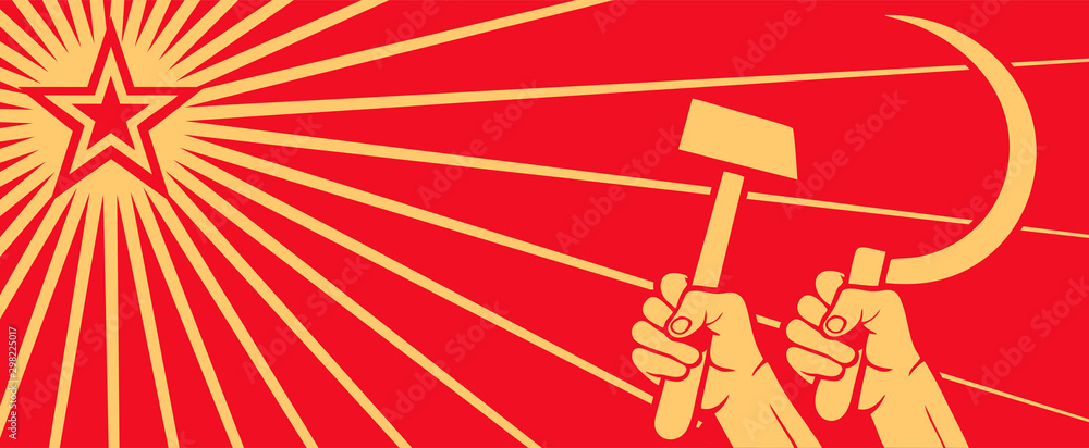 Fototapeta Radziecki czerwony plakat propagandowy zimnej wojny, wyniesiony w powietrze, sierp i gwiazda komunizmu. ZSRR. Wektor