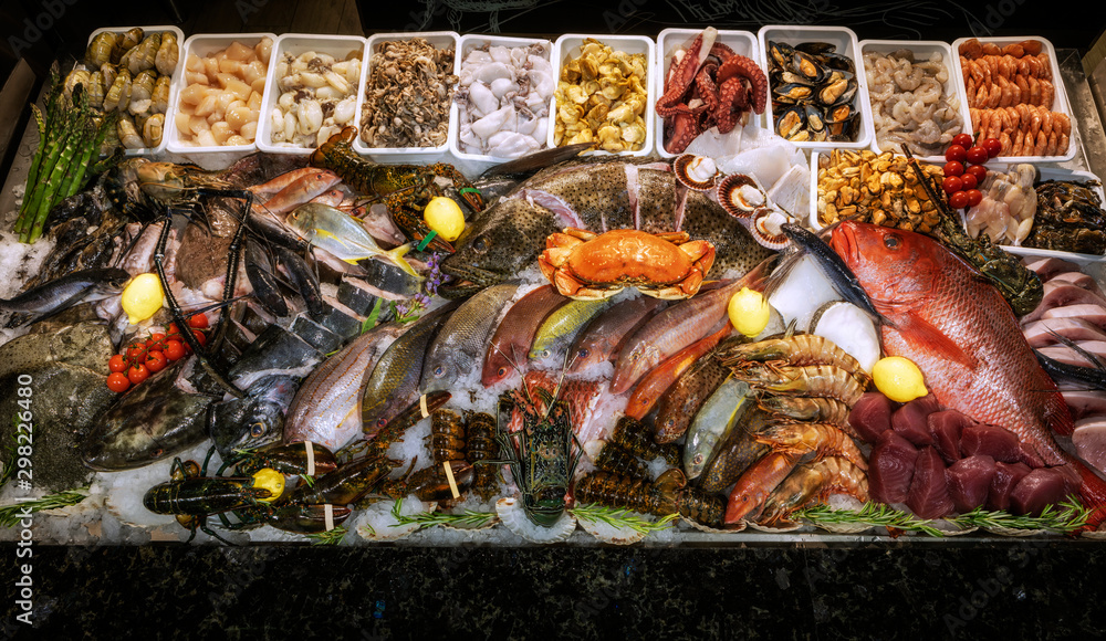 Fototapeta premium Sushi, rolls, fish dishes. Seafood delicacies