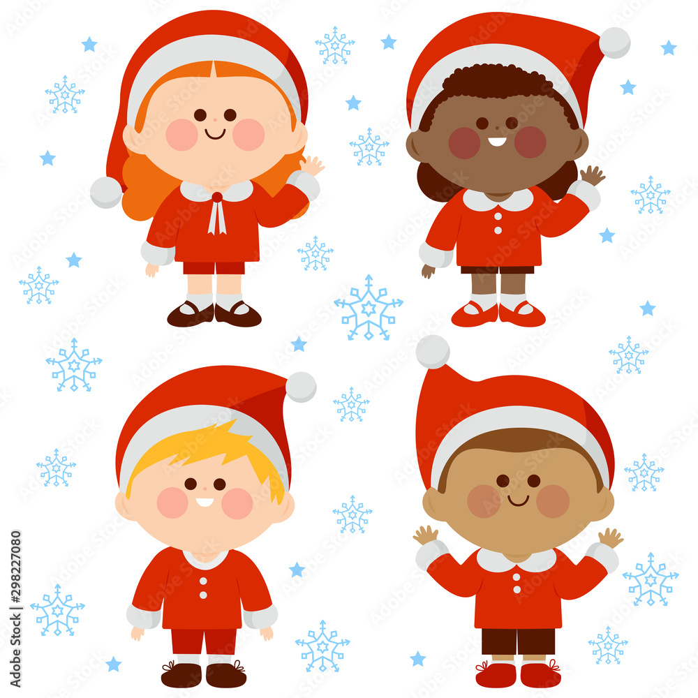 Children in Christmas Santa Claus costumes. Vector illustration