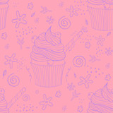 Hand drawn seamless pattern cupcakes with berries, straw and in various cute doodle elements. Vector illustration.