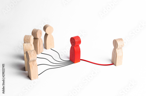 A group of people is trying to contact a person through an intermediary. Press secretary, media and public relations, representing the interests of a person or company. Mediation photo
