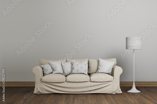 white leather sofa in white living room, interior design background, 3D rendering