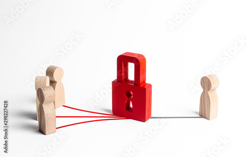 A red padlock blocks contacts between people and a person. Misunderstanding, termination of contact. Countering bullying and threats. End relationships, inaccessibility. Lack of feedback. Ignoring photo