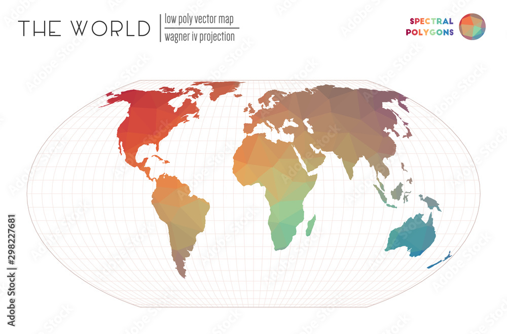 World map in polygonal style. Wagner IV projection of the world. Spectral colored polygons. Neat vector illustration. World map in polygonal style. Wagner IV projection of the world. Spectral colored polygons. Neat vector illustration.