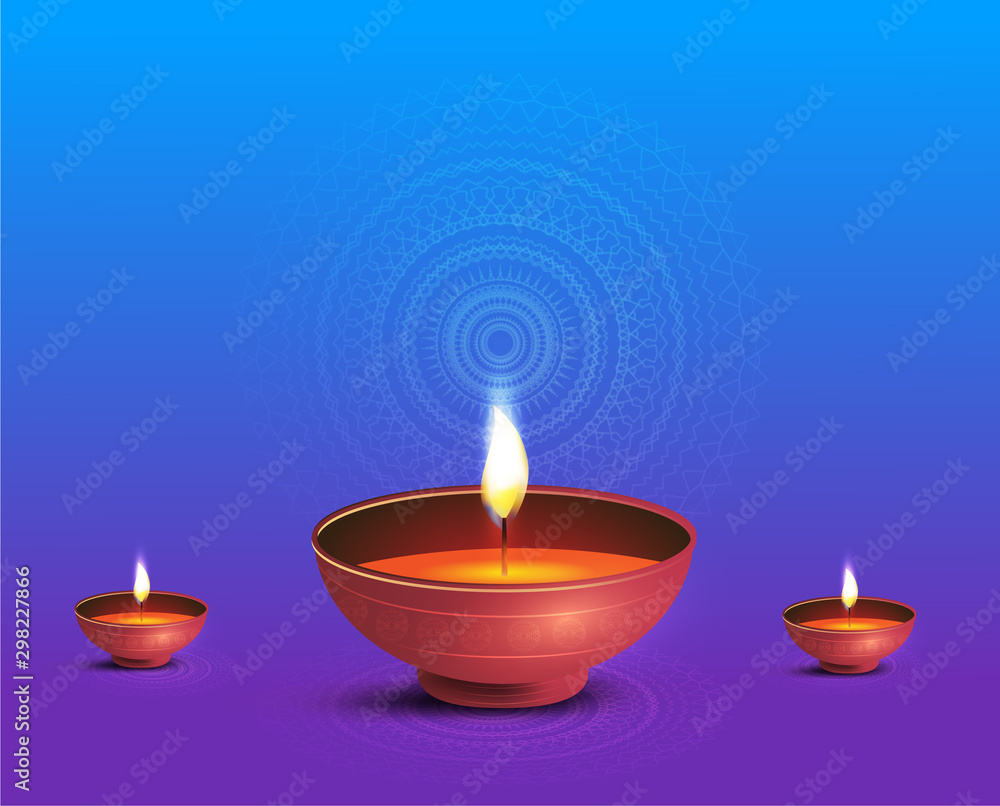 Website header or banner design with realistic oil lamp on blue and purple background for Diwali Festival celebration. Website header or banner design with realistic oil lamp on blue and purple background for Diwali Festival celebration.