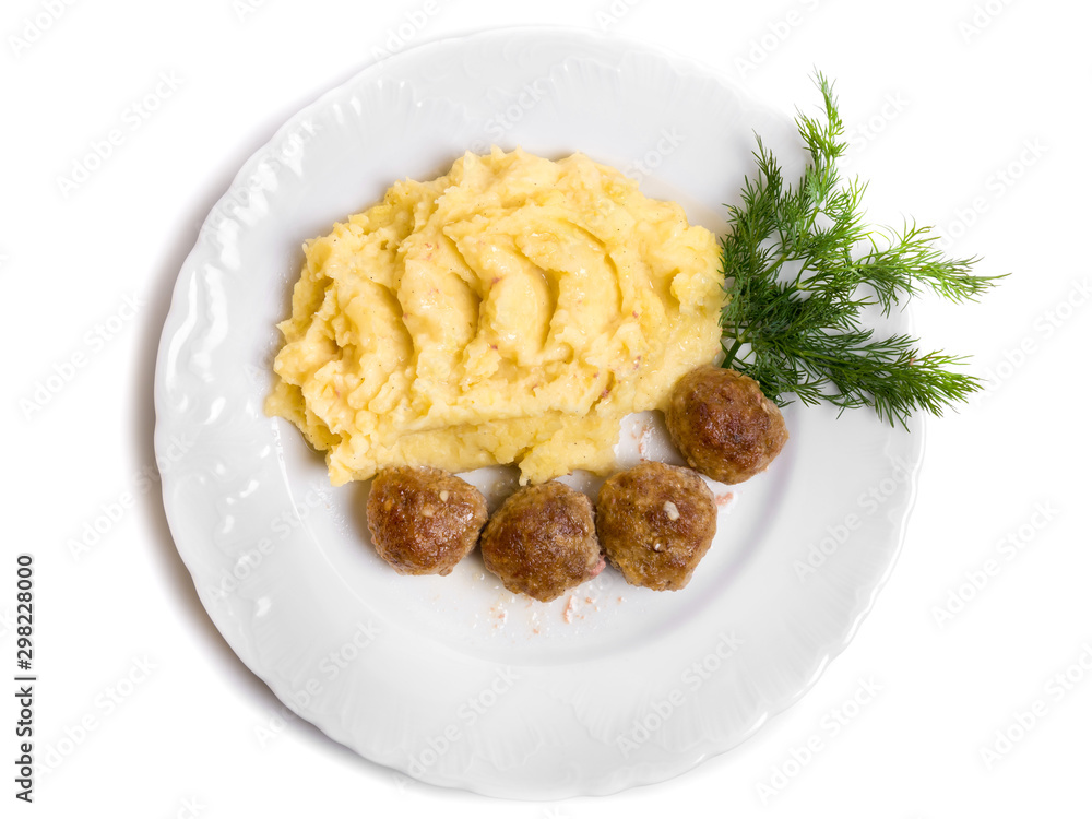 Cutlets with meat and mashed potatoes. Isolated on white background. Top view. Cutlets with meat and mashed potatoes. Isolated on white background. Top view.