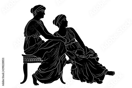 Two ancient Greek women sit side by side and look one way. Vector image isolated on white background.