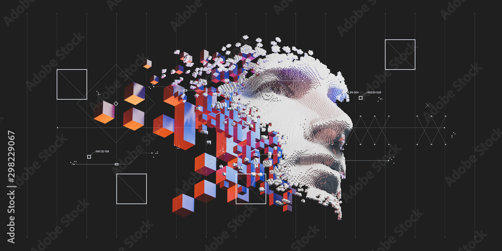 Abstract digital human face.  Artificial intelligence concept of big data or cyber security. 3D illustration  - obrazy, fototapety, plakaty 