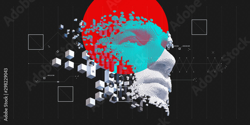 Abstract digital human face.  Artificial intelligence concept of big data or cyber security. 3D illustration 