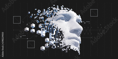 Abstract digital human face.  Artificial intelligence concept of big data or cyber security. 3D illustration 