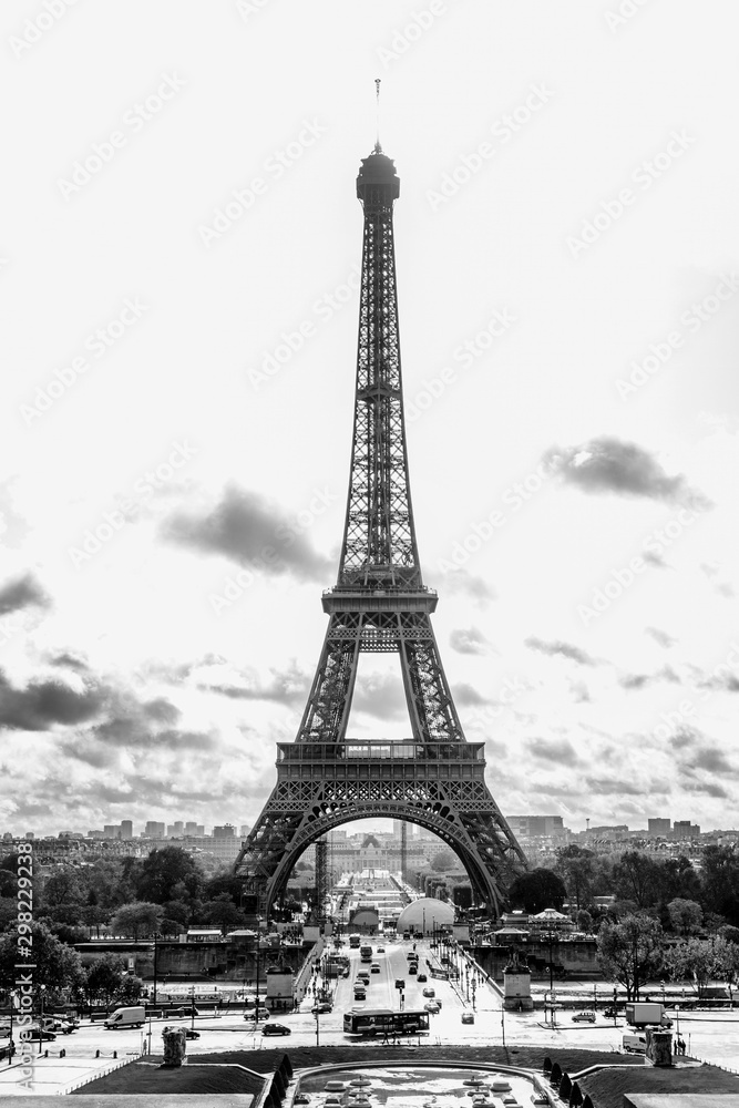 Paris, France, 09.10.2019: Eiffel Tower. Black and white photo. Vertical.
