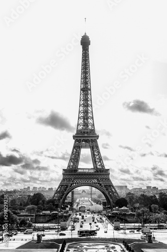 Paris, France, 09.10.2019: Eiffel Tower. Black and white photo. Vertical.