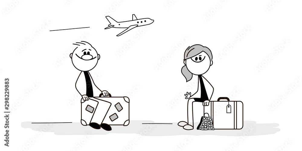 Doodle stick figure: Family at the airport, sitting on a suitcase. - Vector