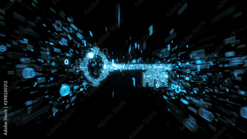 Αυτοκόλλητο Glowing blue digital key with streaming binary numbers illustrating  cyber secur