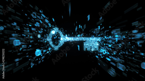 Glowing blue digital key with streaming binary numbers illustrating  cyber security and encryption photo