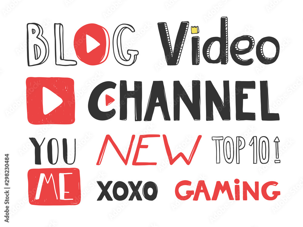 Blog, video, channel, you, me, xoxo, gaming, new, top 10. Sticker collection set for social media content. Vector hand drawn illustration design. 