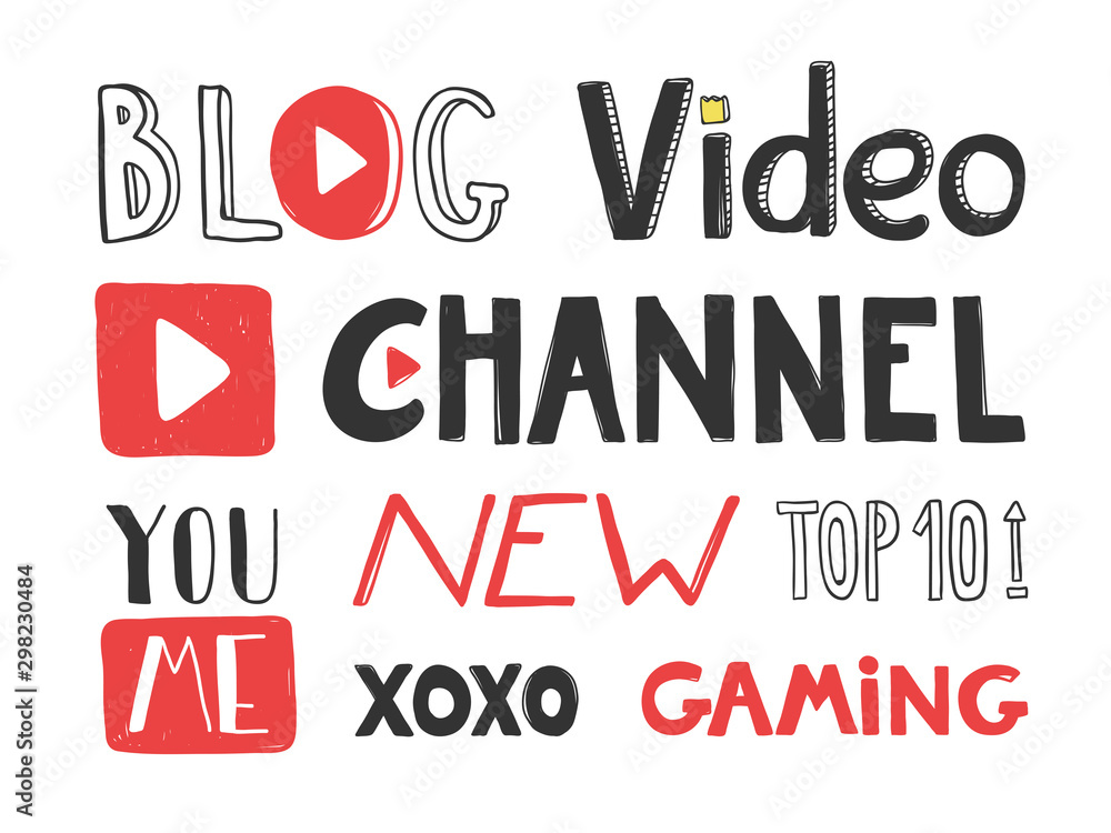 Blog, video, channel, you, me, xoxo, gaming, new, top 10. Sticker collection set for social media content. Vector hand drawn illustration design. Blog, video, channel, you, me, xoxo, gaming, new, top 10. Sticker collection set for social media content. Vector hand drawn illustration design.