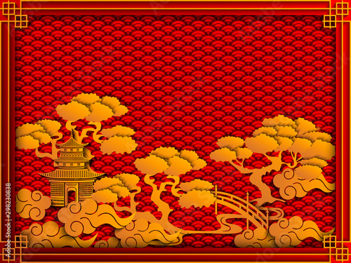 Traditional oriental landscape, background. Vector illustration.