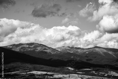 Beautiful authentic rocky landscape of the Pyrenees. Bulgaria. Natural mountain landscape as background. Black and white