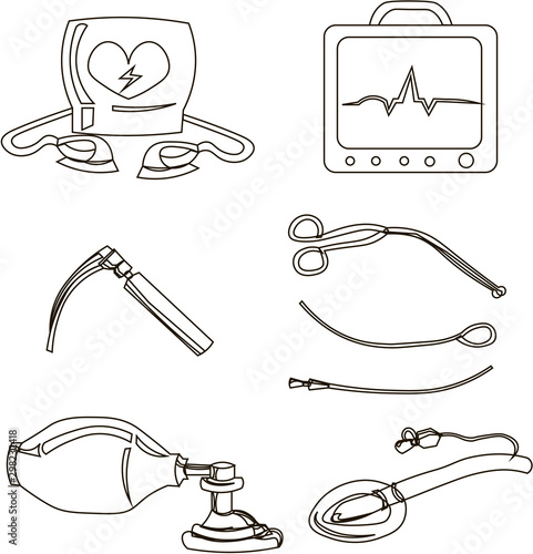 Set of objects for cardiopulmonary resuscitation. Urgent Care. Medical equipment.