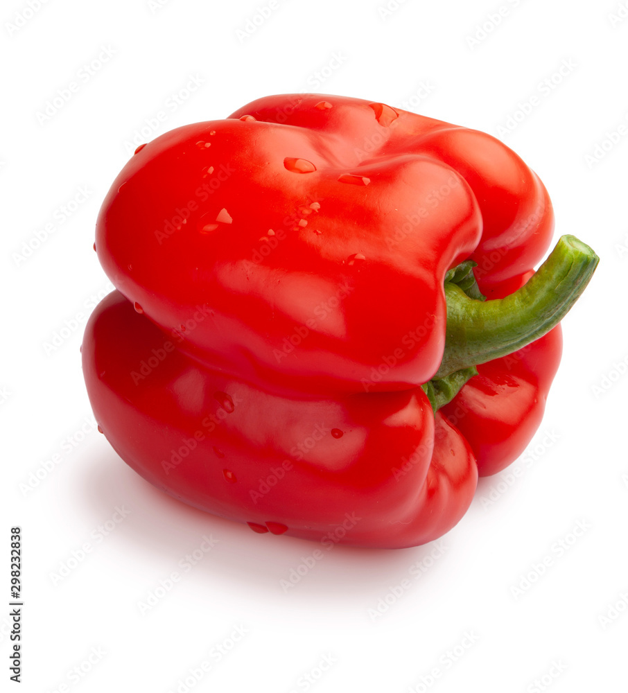 Whole, raw and fresh red pepper with water drops. Isolated on white background Whole, raw and fresh red pepper with water drops. Isolated on white background