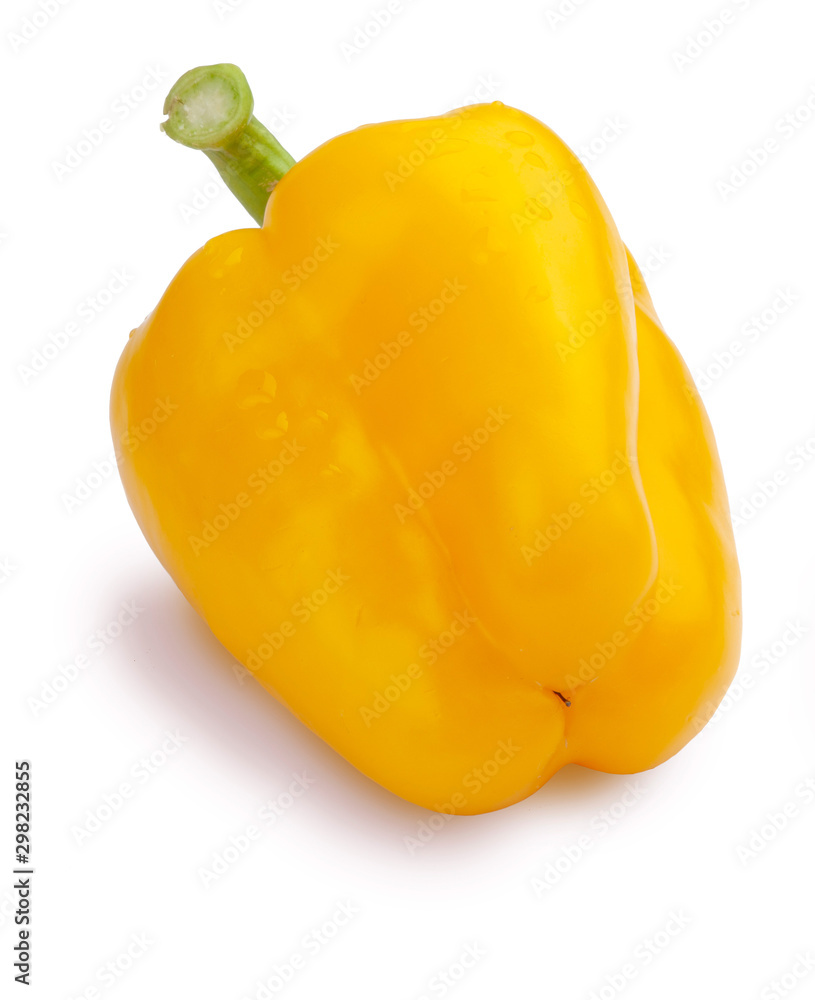 Whole, raw and fresh yellow pepper with water drops. Isolated on white background Whole, raw and fresh yellow pepper with water drops. Isolated on white background