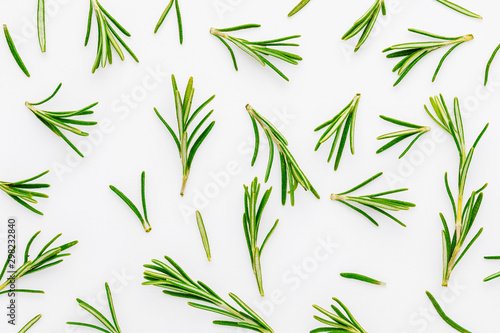 Texture of green  freshly cut rosemary leaves  Rosmarinus officinalis . Isolated on white background Ingredient of Mediterranean cuisine and healing home remedy.