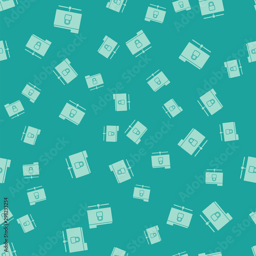 Green FTP folder and lock icon isolated seamless pattern on green background. Concept of software update. Security, safety, protection concept. Vector Illustration