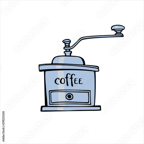 Colorful old coffee grinder sketch. Hand drawn illustration. Line art. Vintage coffee mills vector illustration. Isolated on white background.