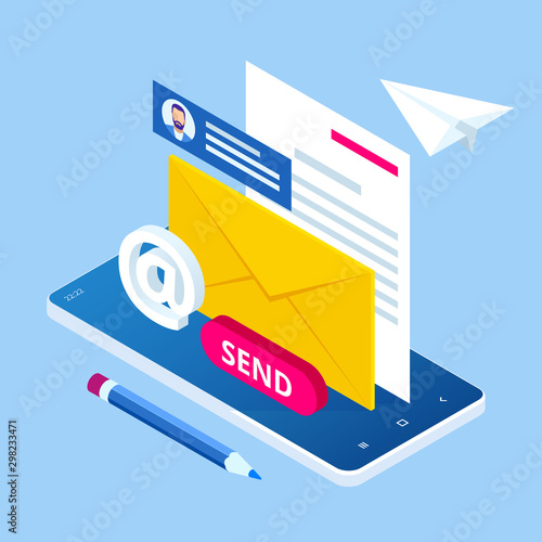 Isometric Email Inbox Electronic Communication. E-mail marketing. Receiving messages. New mail receive. Inbox message. Inbox email