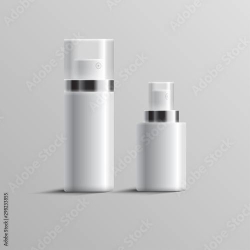 Set of realistic cosmetic bottle can sprayer container. Dispenser for foaming, cream and other cosmetics, isolated on white background. Vector illustration. EPS 10