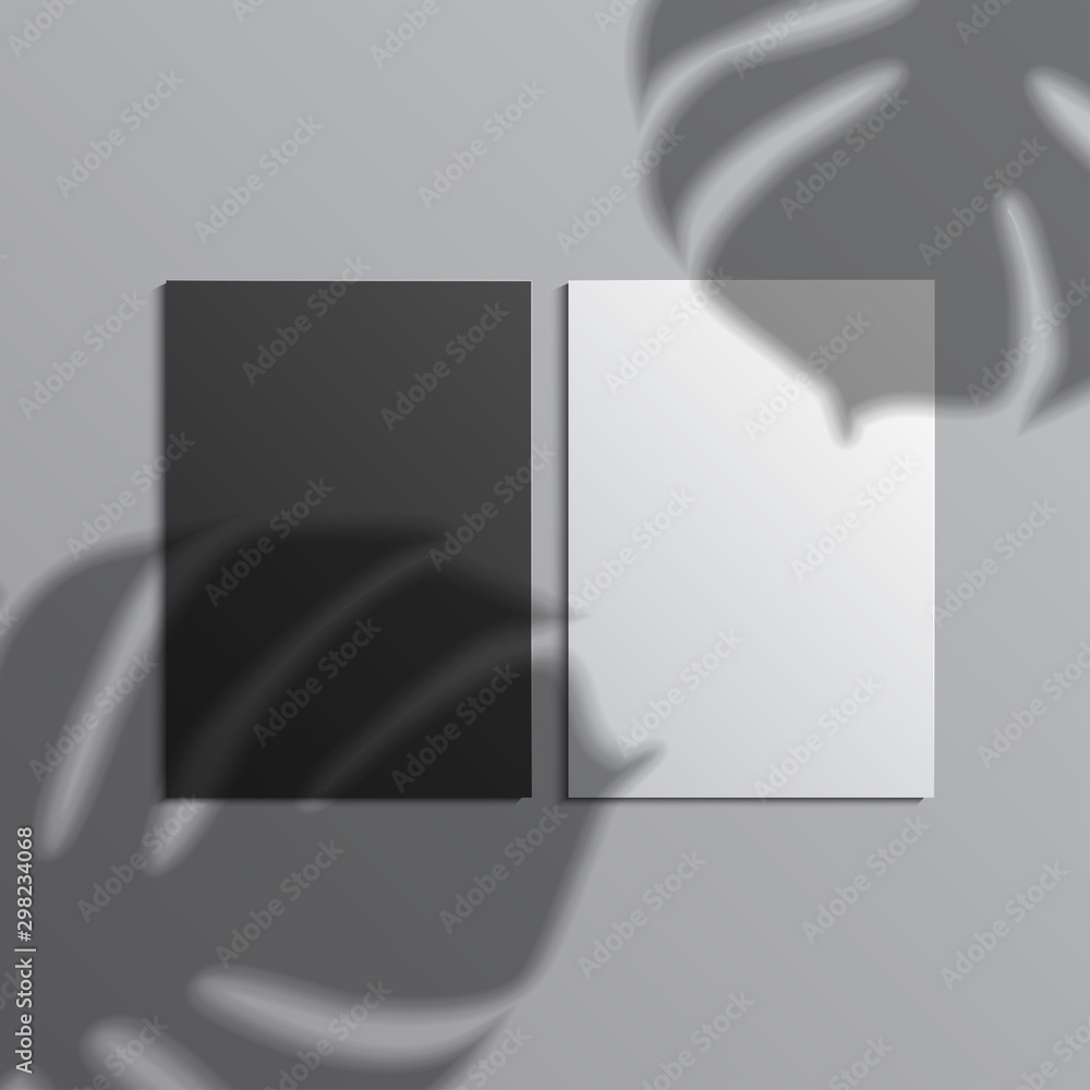 Template for advertising, branding and corporate identity. Blank, folded, brochure or leaflet. Mockup for design with monstera leafs shadow. Vector white object. EPS 10