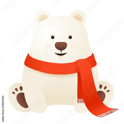 Cute polar bear with scarf, winter christmas vector illustration