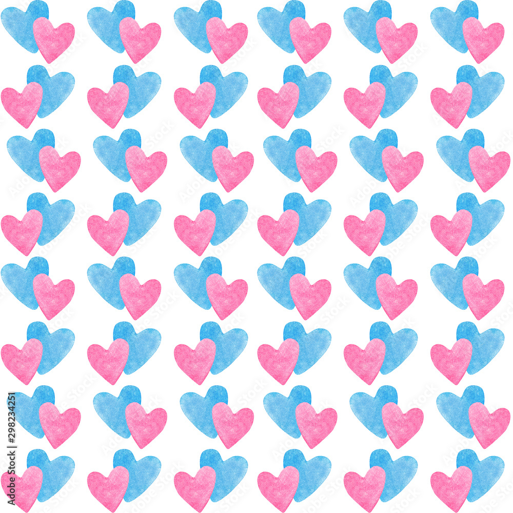 Red and blue hearts seamless watercolor pattern. Design for textile, fabric or wrapping paper, Valentines day and wedding cards.