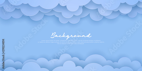 Blue Cloud background in a paper cut style. Blue background with soft clouds. Eps10 Vector Background.