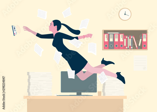 Beautiful woman, office worker, clerk or secretary, answers phone calls. Computer desktop littered with papers. Vector illustration.