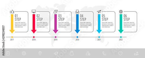 Line vector infographic flat template. Rectangles with arrows for six diagrams, graph, flowchart, timeline, marketing, presentation. Business concept with 6 labels