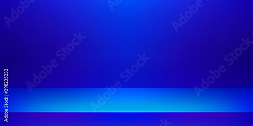 Vector template of photo studio backdrop, placed in interior. Mockup for your posters or photos. 3D empty modern blue studio room interior background.