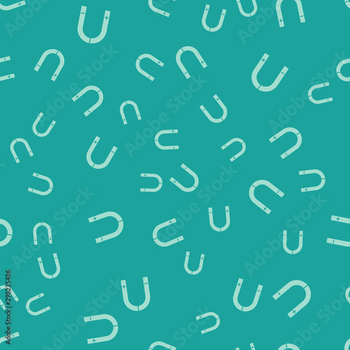 Green Magnet icon isolated seamless pattern on green background. Horseshoe magnet, magnetism, magnetize, attraction. Vector Illustration