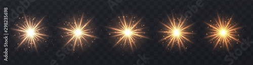 Light flares set isolated on transparent background. Orange lens flares, bokeh, sparkles, shining stars with rays collection. Glowing vector light effect. Vector illustration.