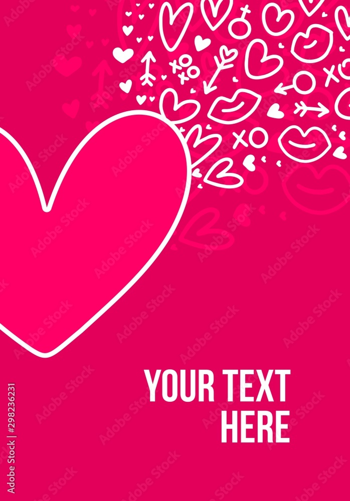 Cute hand drawn Happy Valentine`s Day pink postcard with kisses, hearts and cupid arrows. Flat vector illustration Cute hand drawn Happy Valentine`s Day pink postcard with kisses, hearts and cupid arrows. Flat vector illustration
