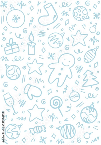 Light blue New Year and Christmas doodle pattern made of holiday symbols like stars, tree, balls, candy, champagne and gift. Flat vector illustration