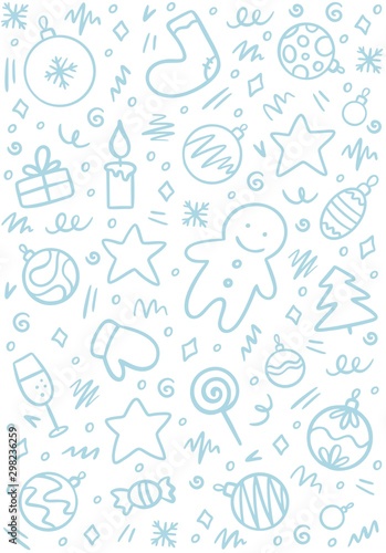 Light blue New Year and Christmas doodle pattern made of holiday symbols like stars  tree  balls  candy  champagne and gift. Flat vector illustration