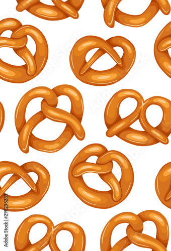 Seamless pattern with various cartoon pretzels. German appetizer. Treats for the holidays. Bakery product. Vector texture for wallpaper, backdrop, cards and your creativity.