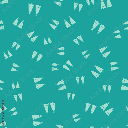 Green Rubber flippers for swimming icon isolated seamless pattern on green background. Diving equipment. Extreme sport. Diving underwater equipment. Vector Illustration