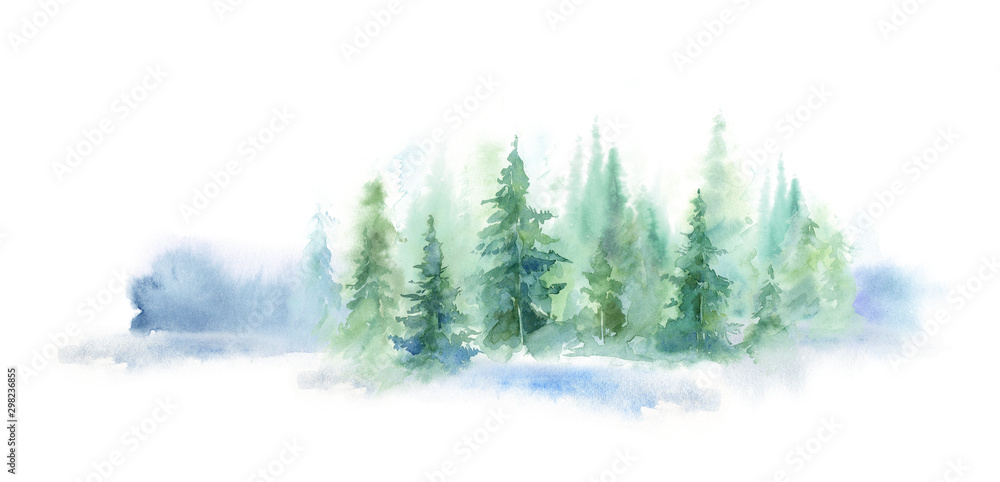 Obraz Zielony horyzontalny krajobraz mgłowy las, zimy wzgórze. Dzika przyroda, zamrożona, zamglona, tajga. tło akwarela