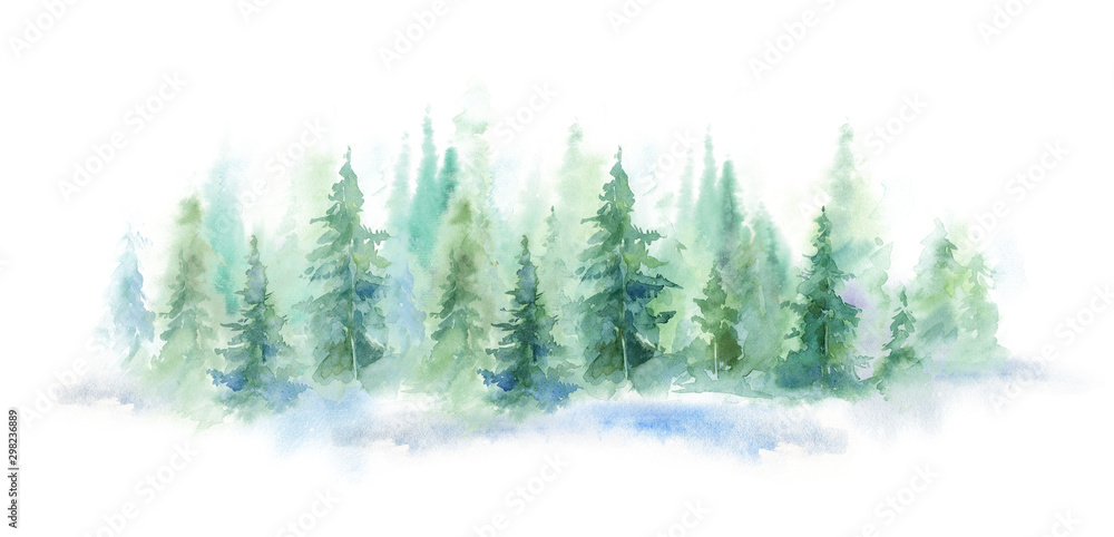Green landscape of foggy forest, winter hill. Wild nature, frozen, misty, taiga. horizontal watercolor background