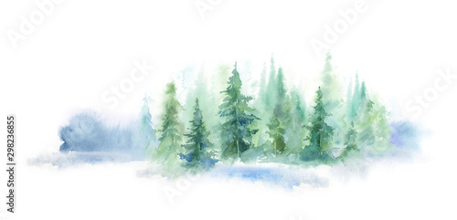 Green horizontal landscape of foggy forest, winter hill. Wild nature, frozen, misty, taiga. watercolor background