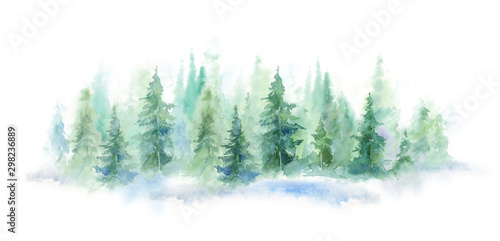 Green landscape of foggy forest, winter hill. Wild nature, frozen, misty, taiga. horizontal watercolor background
