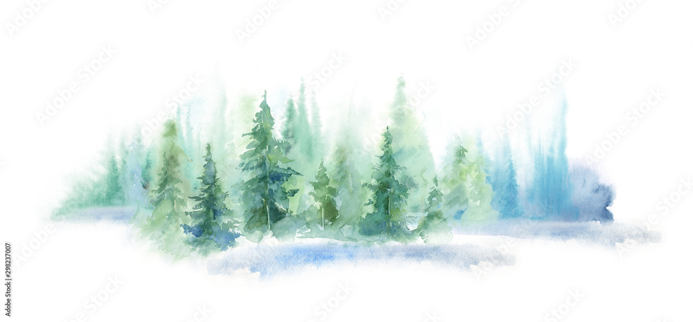 Obraz Zielony krajobraz mglisty las, wzgórze zima. Dzika przyroda, zamrożona, zamglona, tajga. tło akwarela